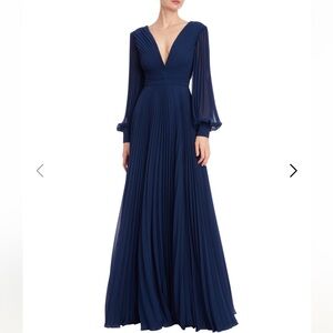Badgley Mischka Pleated Georgette Long Sleeve Gown